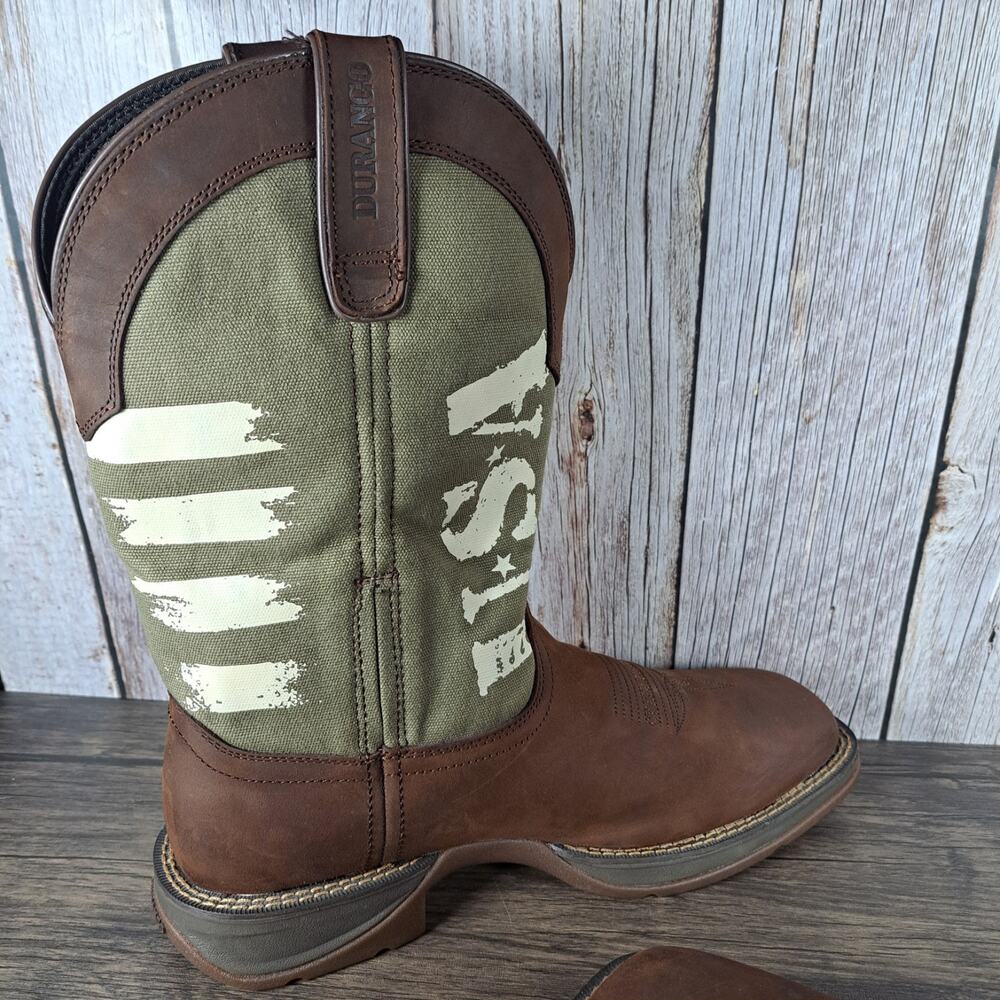 Rebel Durango Brown Army Green USA Print Western Boots Men's Sz 10 M (VGC) - Picture 6 of 10